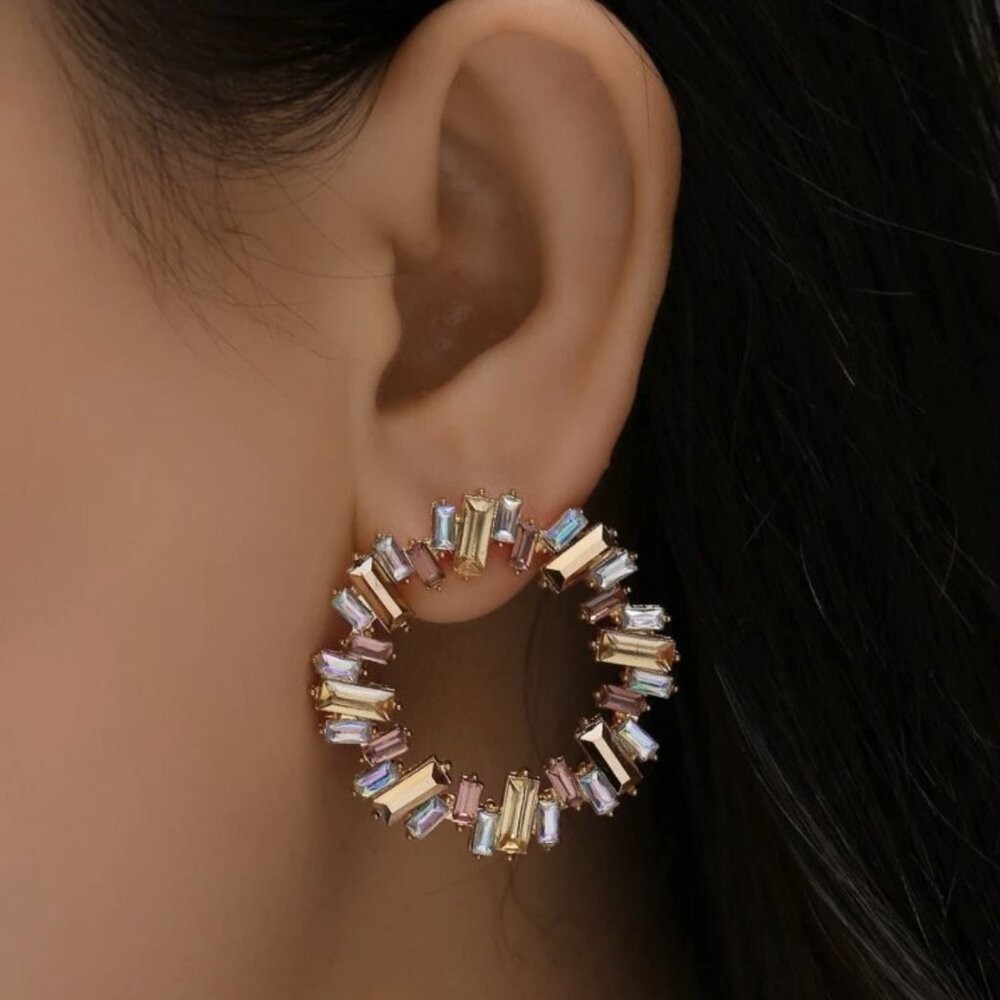 Champagne Color Rhinestone Round Earrings for women - Picture 2 of 2